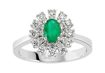 Eleganter Anturajring mit 24 Rundschliff-Diamanten und 1 Ovalem Smaragd in 14 Karat Weißgold