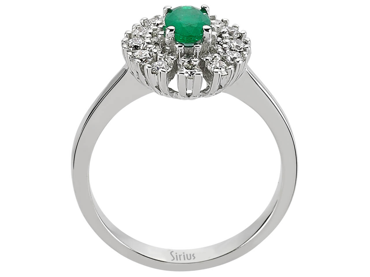 Eleganter Anturajring mit 24 Rundschliff-Diamanten und 1 Ovalem Smaragd in 14 Karat Weißgold