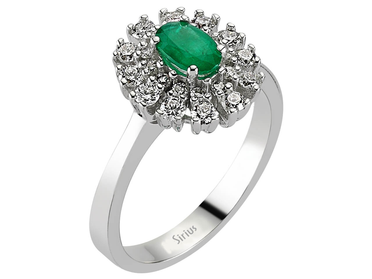 Eleganter Anturajring mit 24 Rundschliff-Diamanten und 1 Ovalem Smaragd in 14 Karat Weißgold
