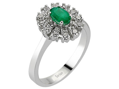 Eleganter Anturajring mit 24 Rundschliff-Diamanten und 1 Ovalem Smaragd in 14 Karat Weißgold
