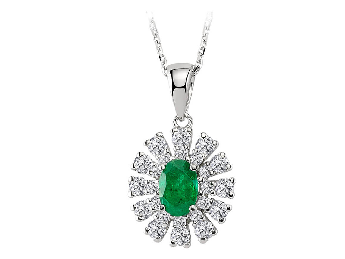 Oval emerald pendant with diamonds – 0.48 ct & 0.48 ct in 14K white gold