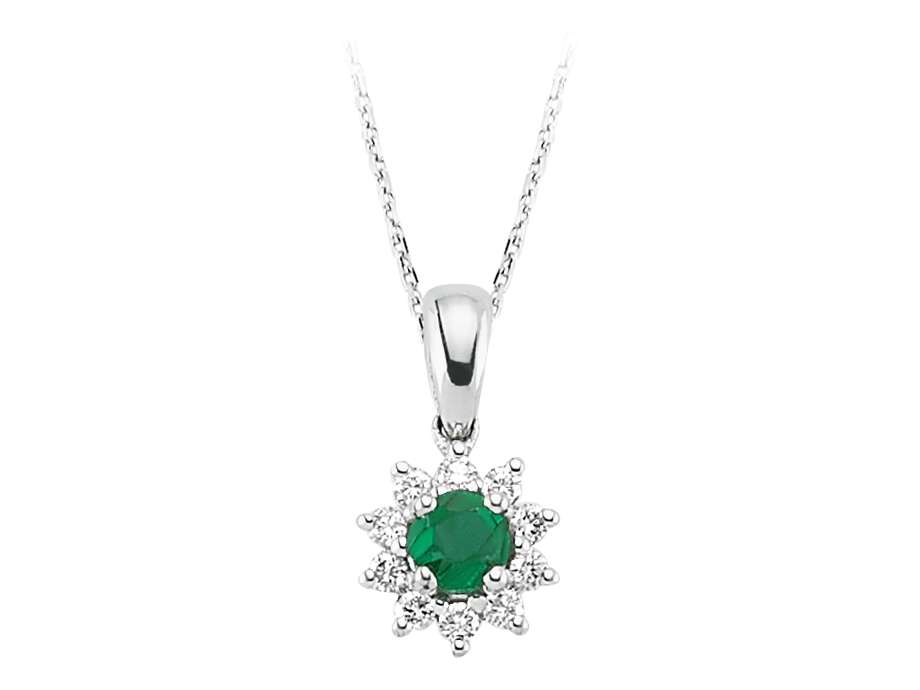 Pendant with round emerald and diamond halo in 8K white gold