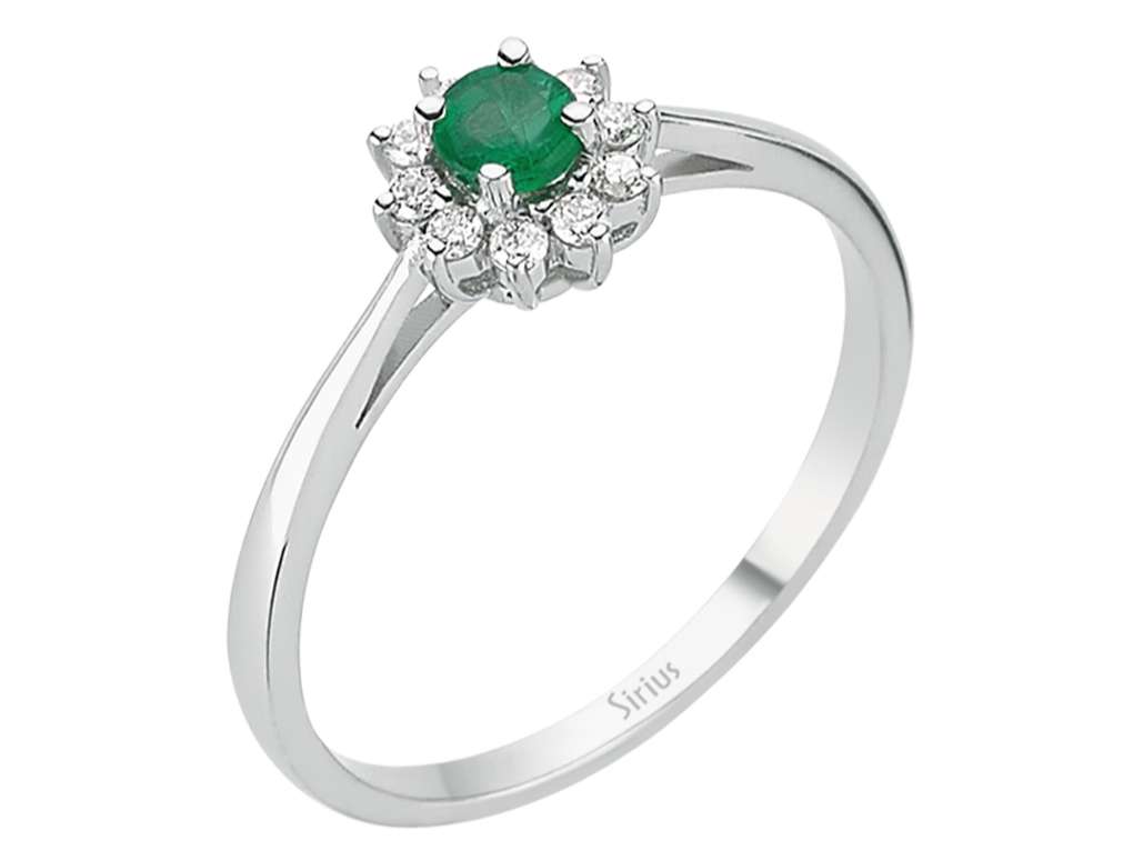Feiner Anturage-Ring aus 8K Weißgold mit rundem Smaragd und Labor-Diamanten – 0,29 ct