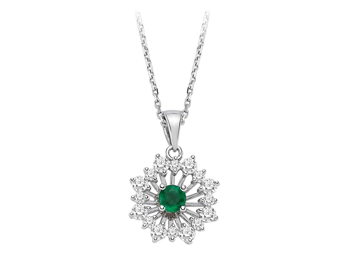 Zümrüt ve 16 laboratuvar pırlantası – Güneş ışını tasarımlı beyaz altın kolye | 14 ayar – Rosy Lab Diamonds’tan yüksek kaliteli Mücevher